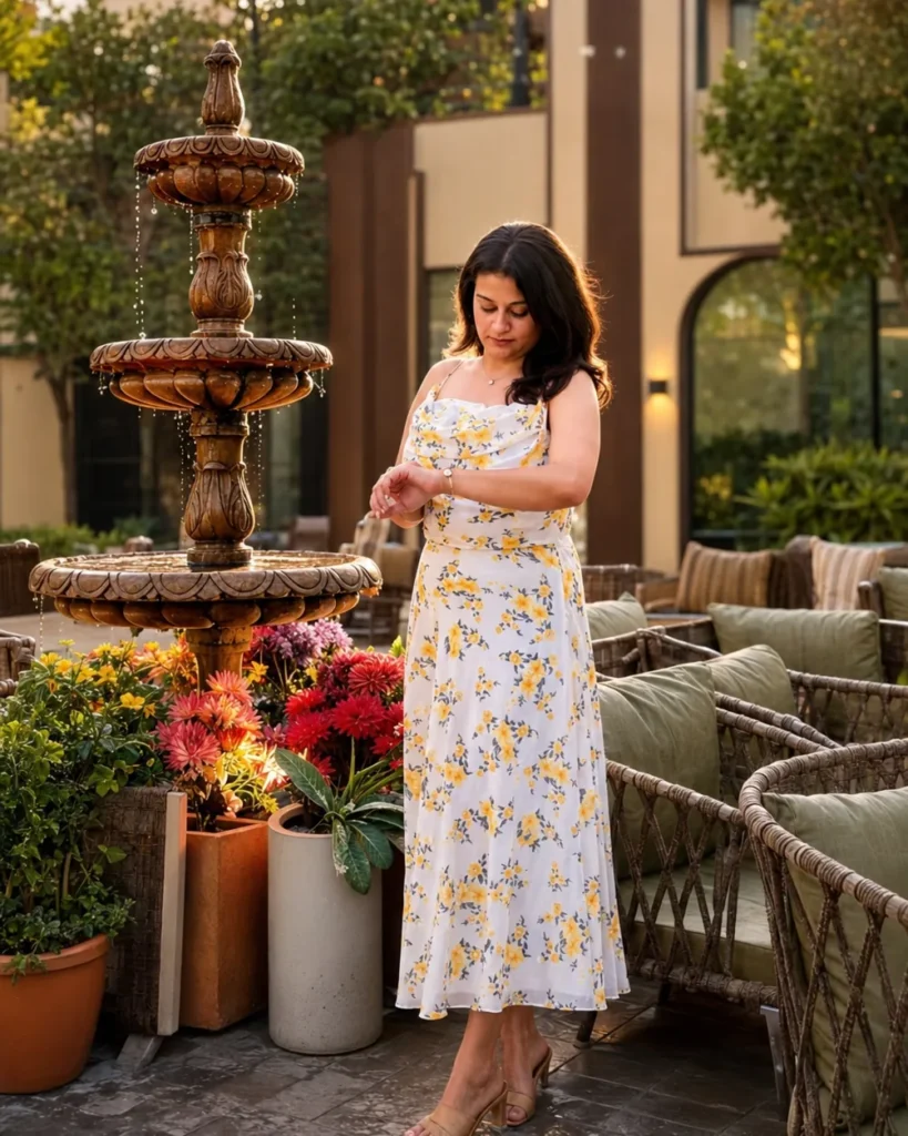 Sneha Pant beside a garden fountain